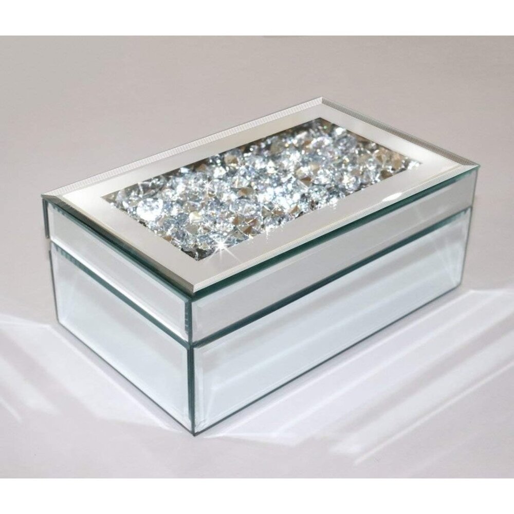 ✨Women Silver Crushed Diamond Glass Mirrored Jewelry Box Organizer Jewelry Box